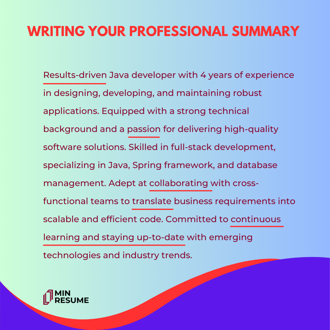 Java developer skills matched to professional summary